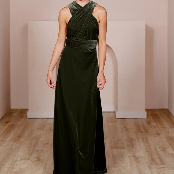 Revelry Micah Convertible Velvet Dress S Olive Green Maxi Bridesmaid Cocktail - Picture 1 of 7